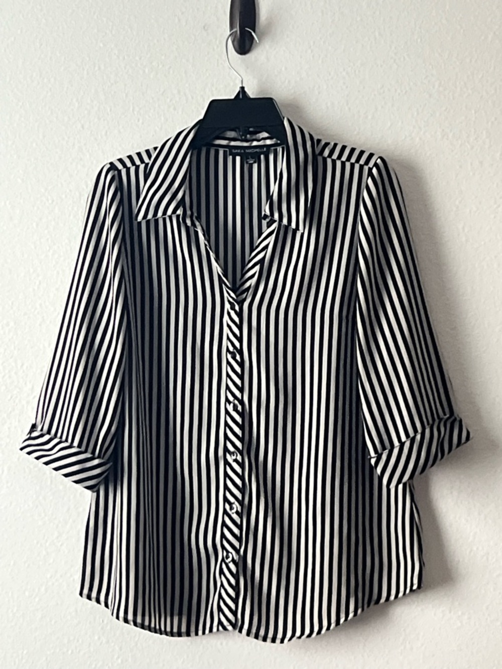 Sara Michelle Black and White Striped‎ Button-Down Blouse, Size L